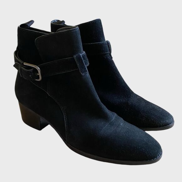 Marc Fisher Razzle Suede Ankle Boots Women's Size 6.5 Black Leather Buckle - Picture 1 of 16
